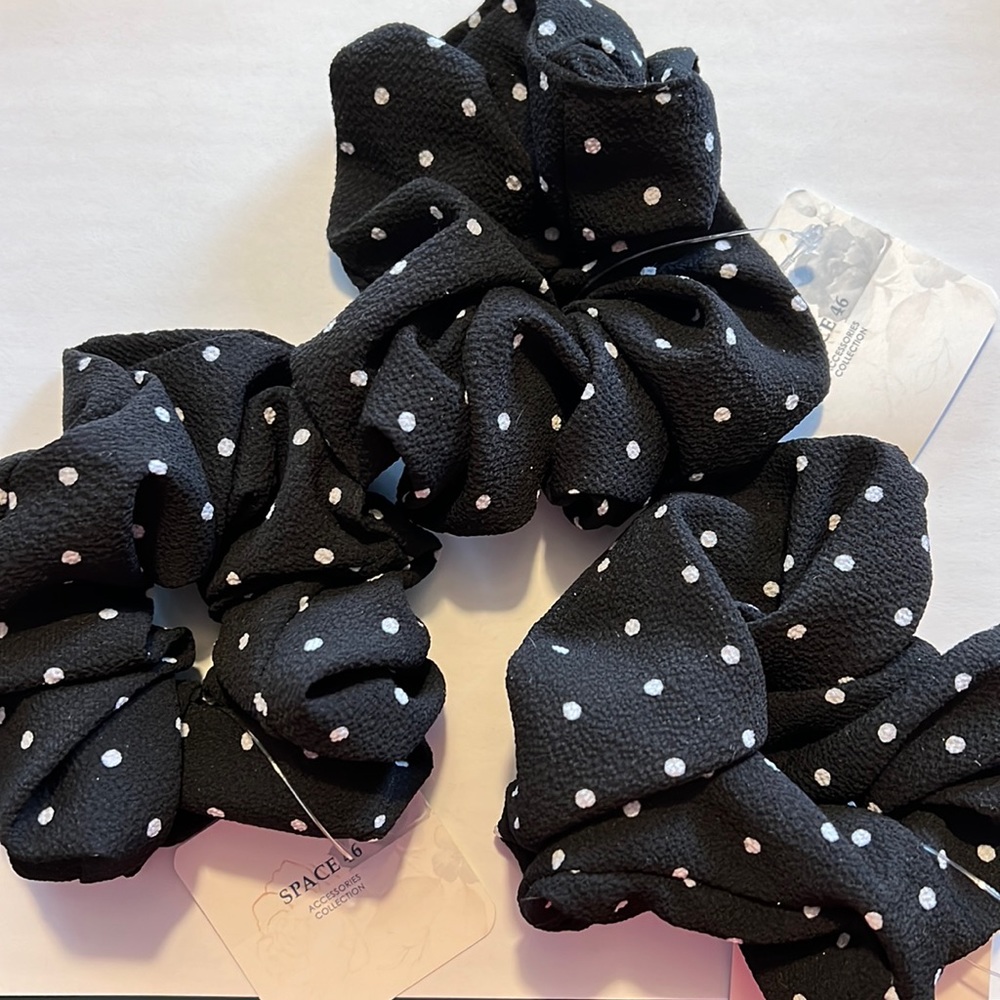 Hair scrunchies. NWT. Black w white polka dots.